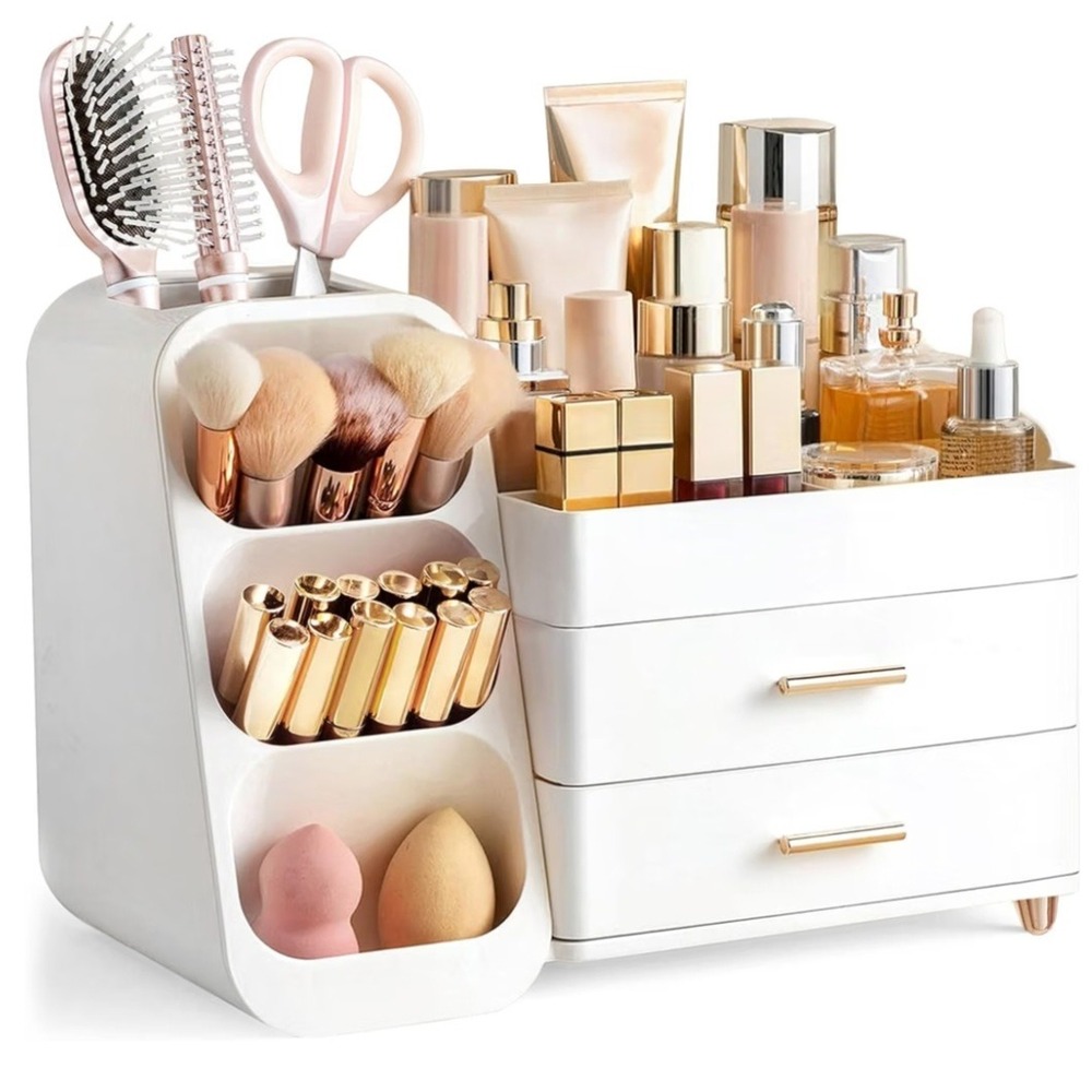 White Makeup Organizer Vanity Storage with Drawers and Brush Holder